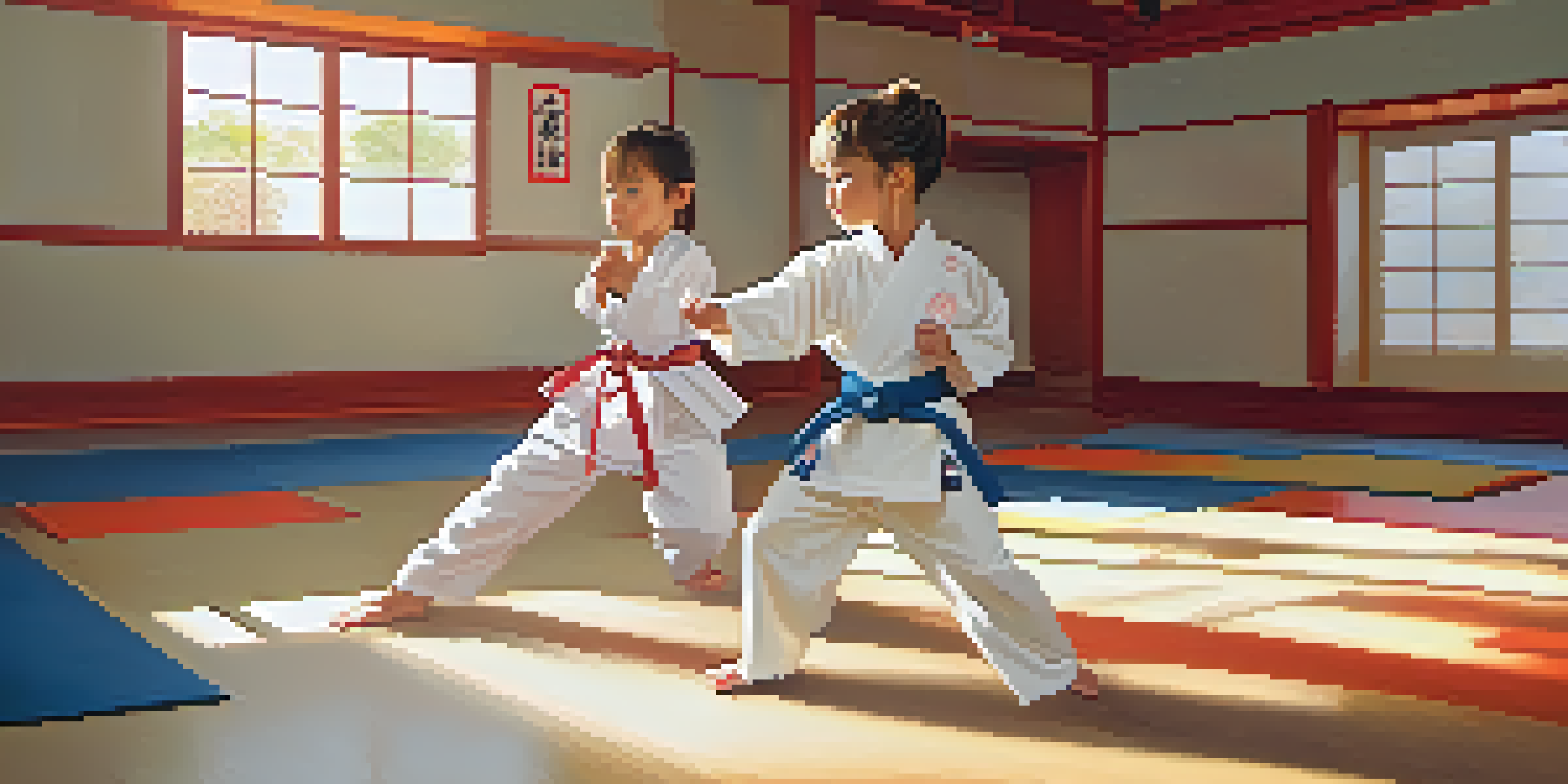 A young child in a karate uniform practicing self-defense techniques against a padded training dummy in a colorful dojo.