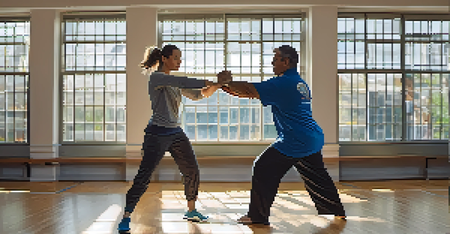A self-defense instructor showing a technique to a student in a well-lit training studio.
