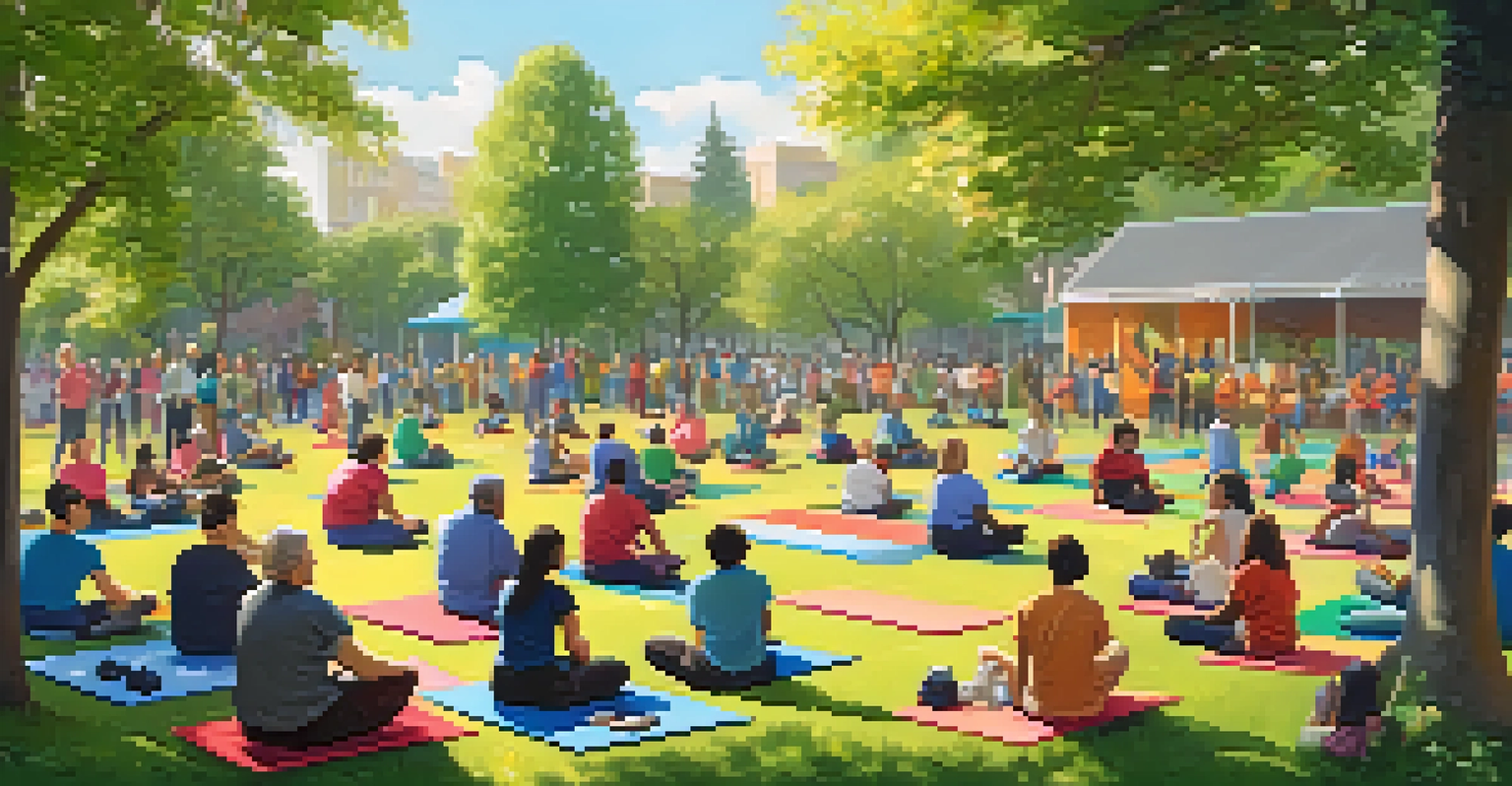 A vibrant community gathering in a park for a self-defense workshop, with people of all ages practicing techniques on colorful mats.