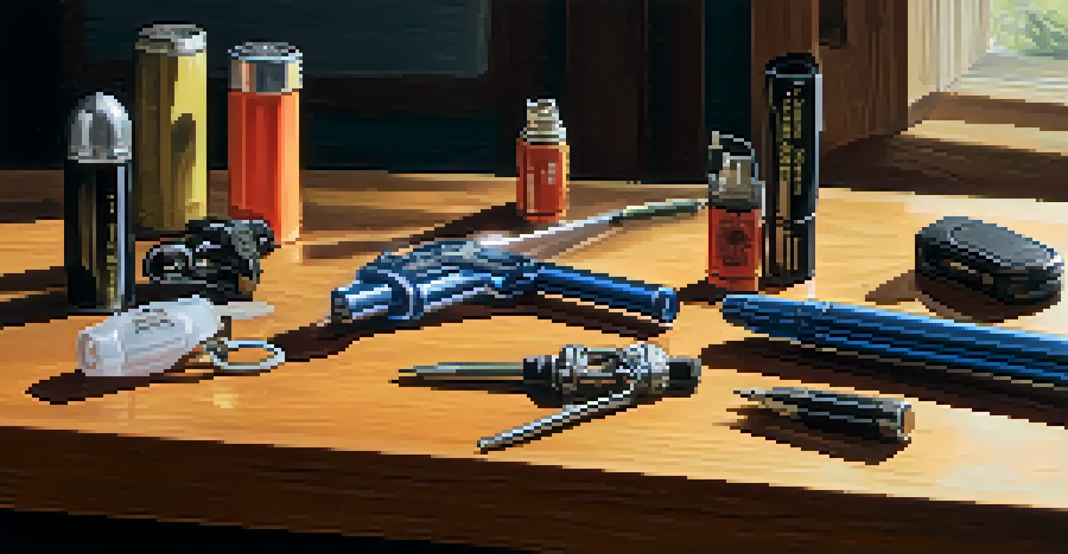 A collection of various self-defense tools on a wooden table, highlighting their features in soft natural light.