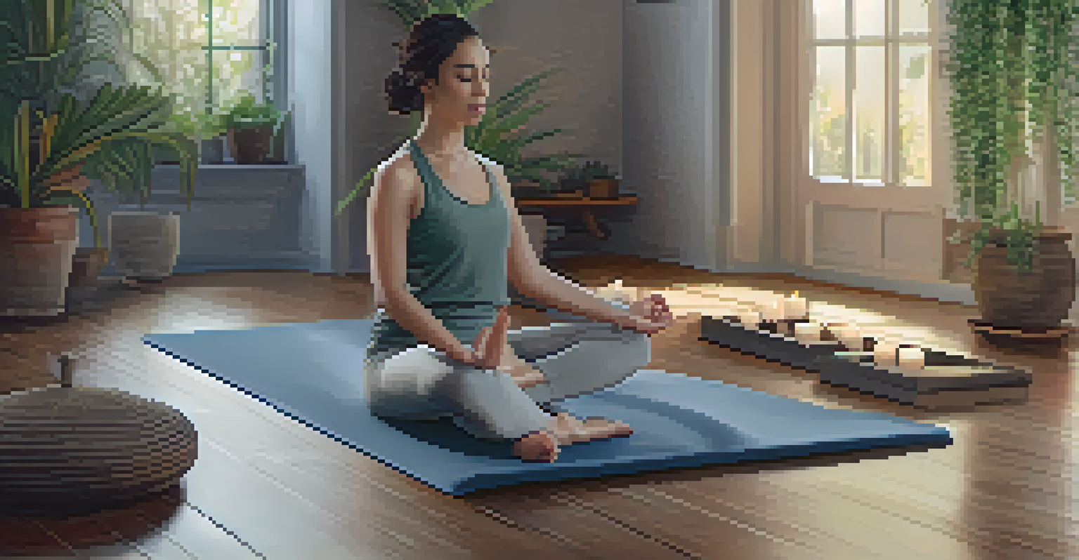 A person with eyes closed sitting on a yoga mat, practicing body scan meditation in a softly lit room filled with candles and plants.