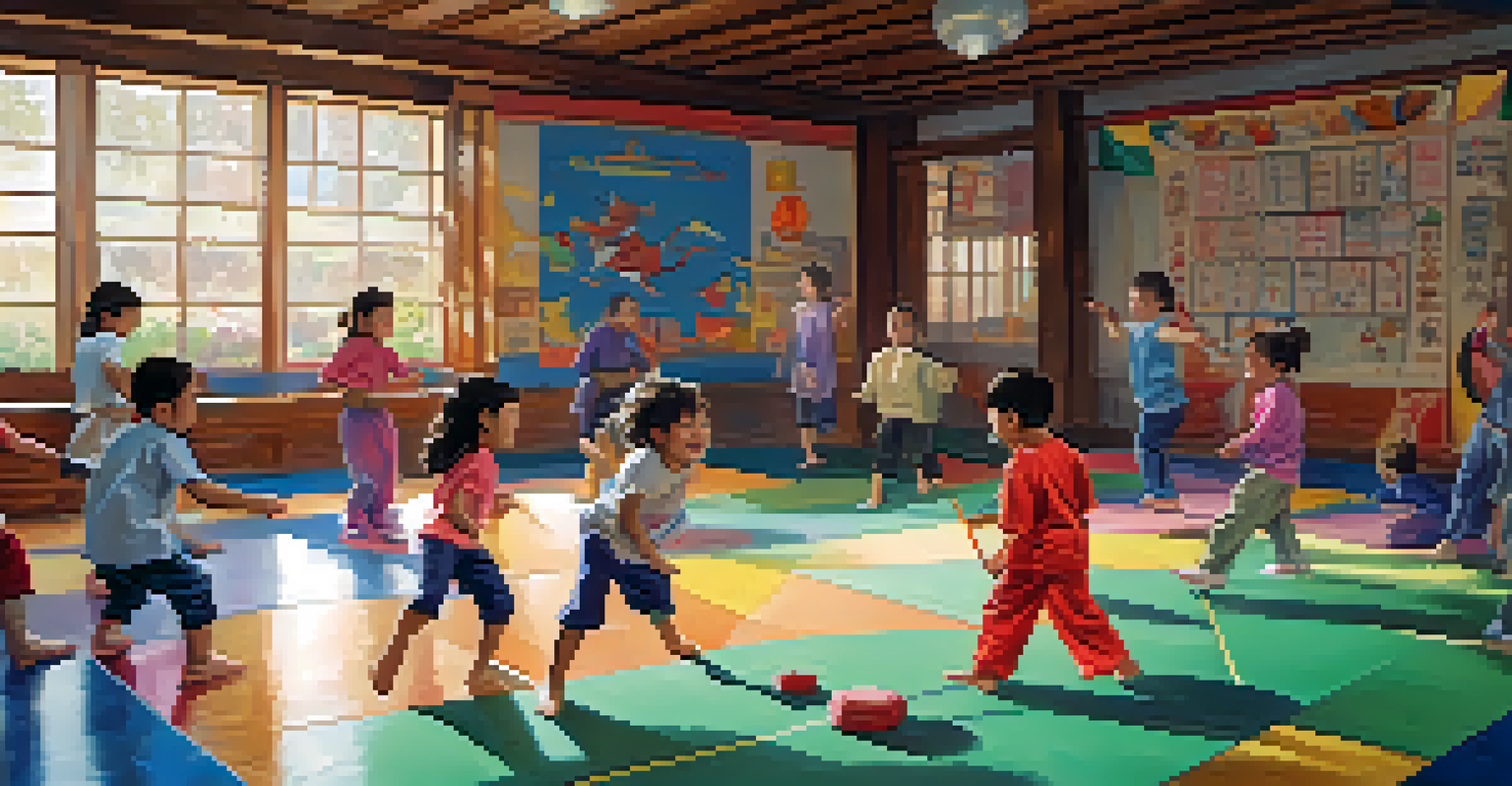 Children playing a game that teaches self-defense techniques in a lively dojo.
