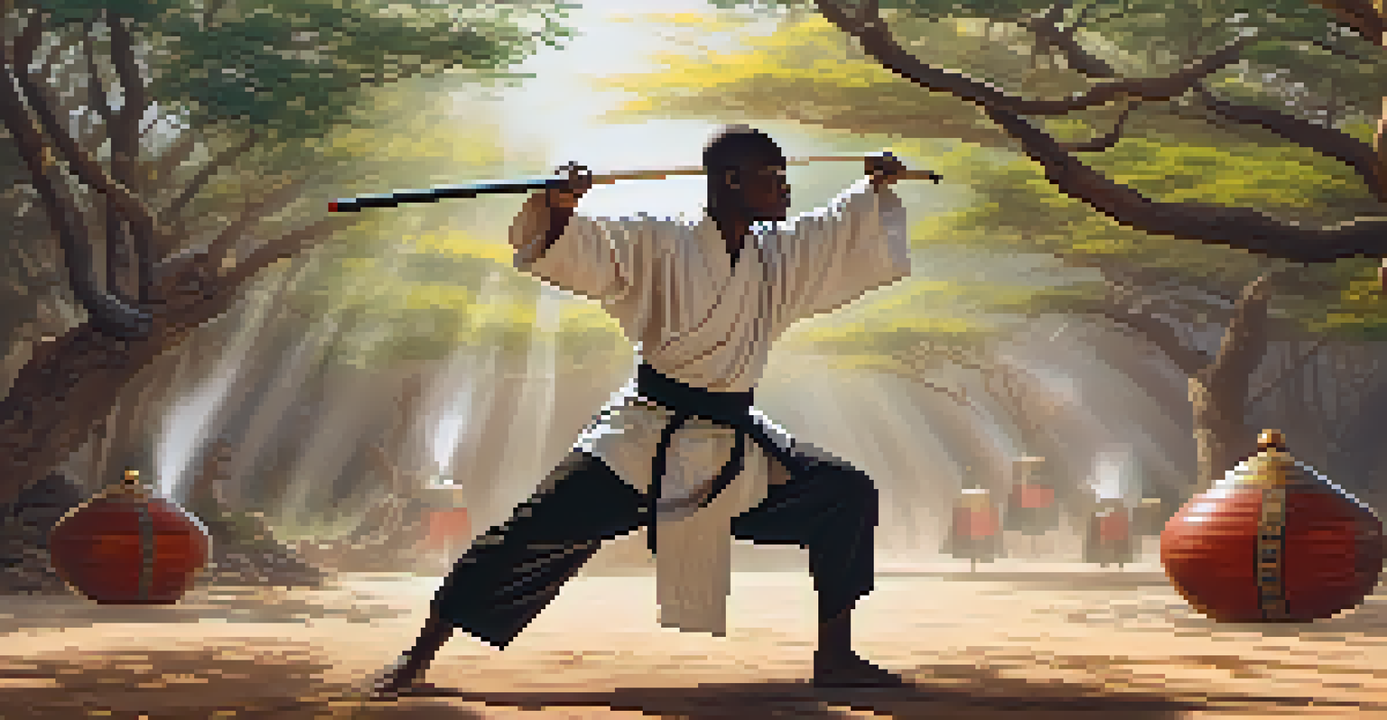 A martial artist in traditional attire executing a kick in a serene outdoor setting, surrounded by cultural artifacts like shields and spears.