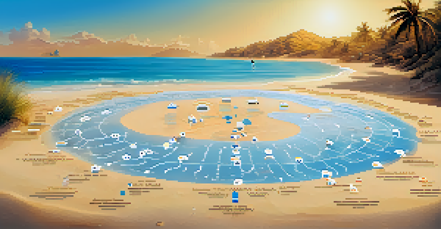 An illustration of a digital footprint made of binary code on a beach, surrounded by social media icons.