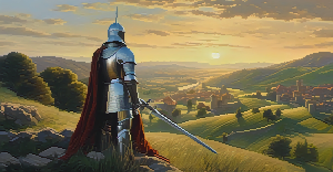 A medieval knight in armor standing guard outside a village at sunset, symbolizing duty and honor.