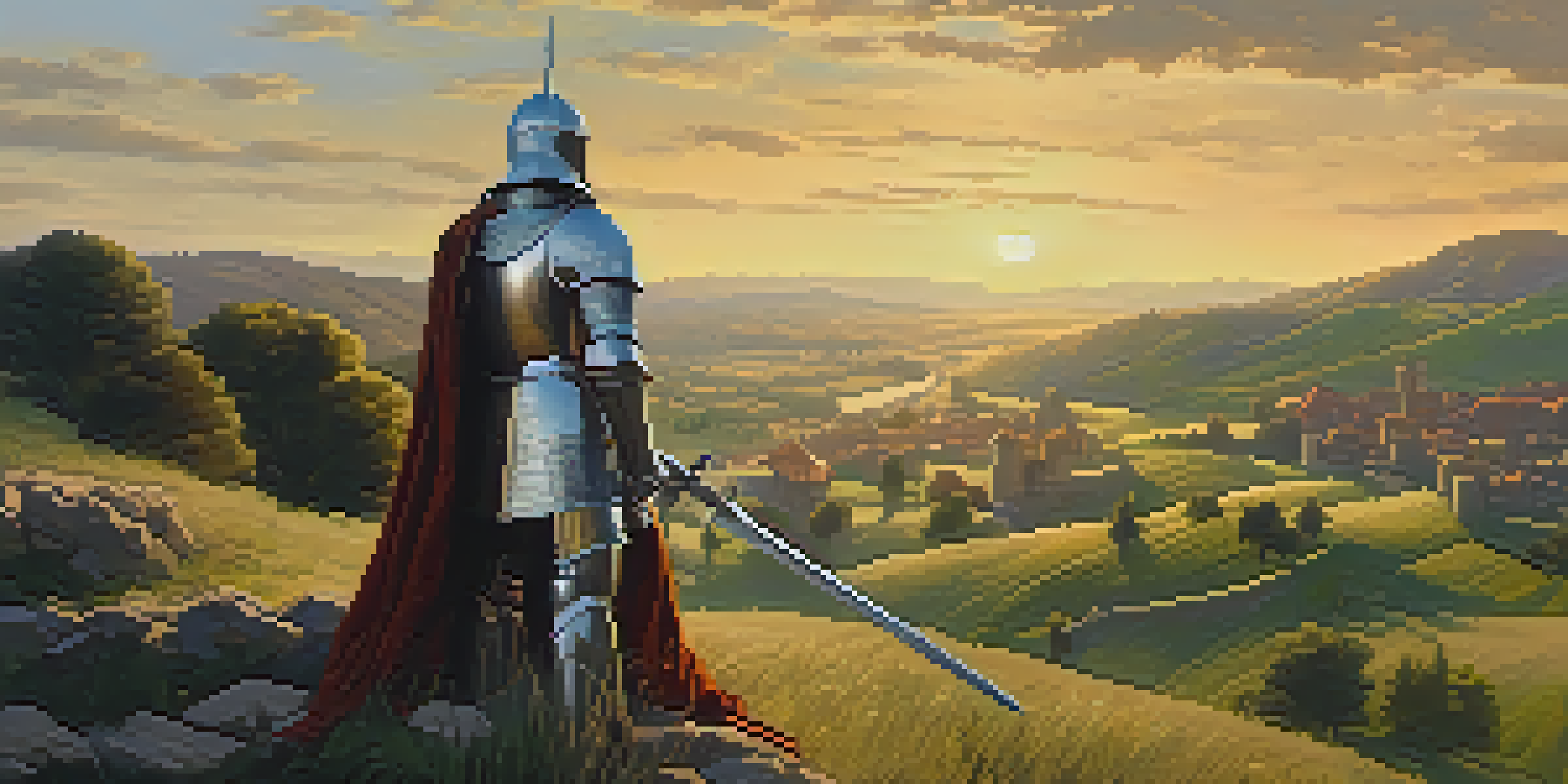 A medieval knight in armor standing guard outside a village at sunset, symbolizing duty and honor.