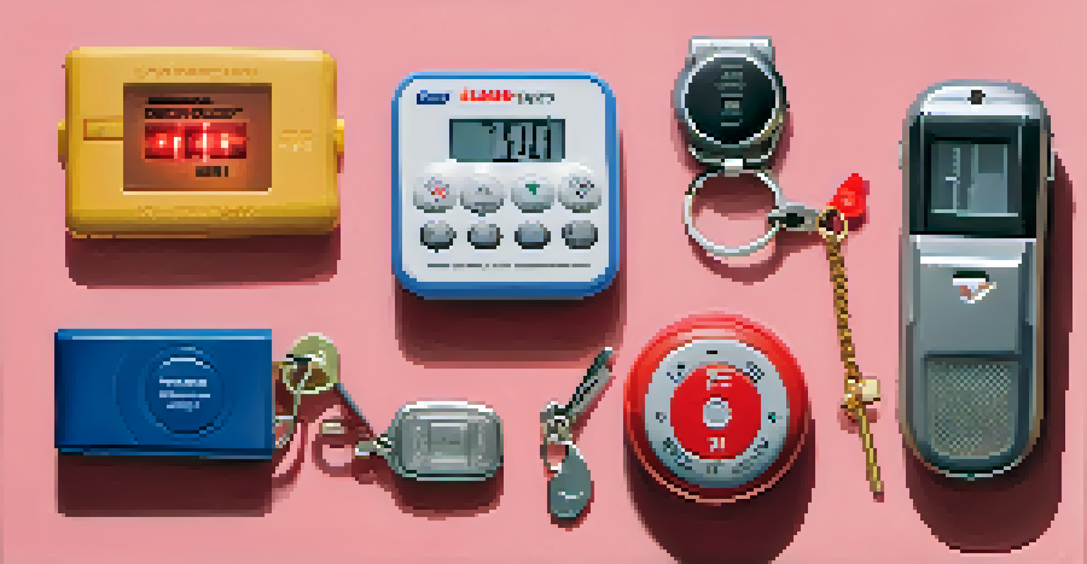 A flat lay view of various personal safety alarms on a soft fabric background, highlighting their designs and features.