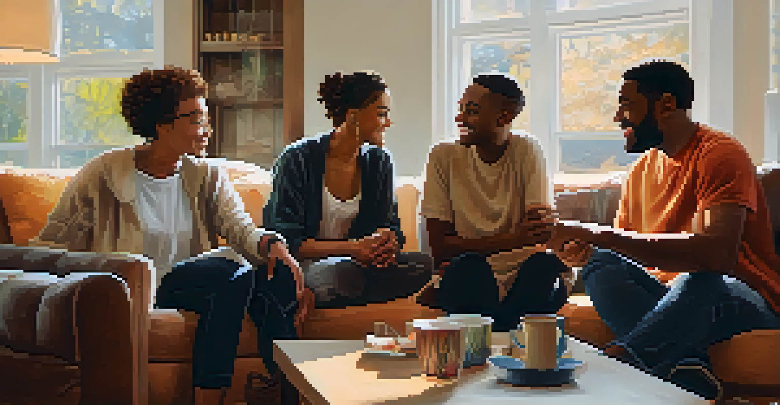 A diverse group of friends in a cozy living room discussing self-defense strategies, showcasing a supportive network.