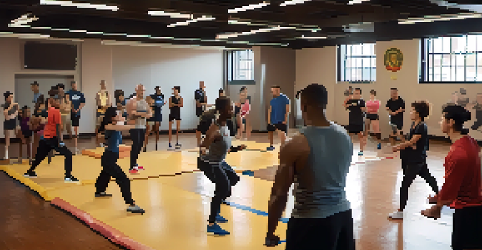 A group of people of different ages and ethnicities practicing self-defense techniques in a bright gym.