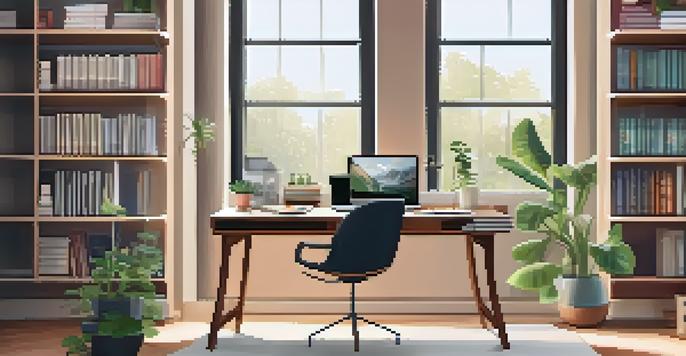 A bright and cozy home office with a wooden desk, laptop, potted plant, and coffee cup, illuminated by natural light.