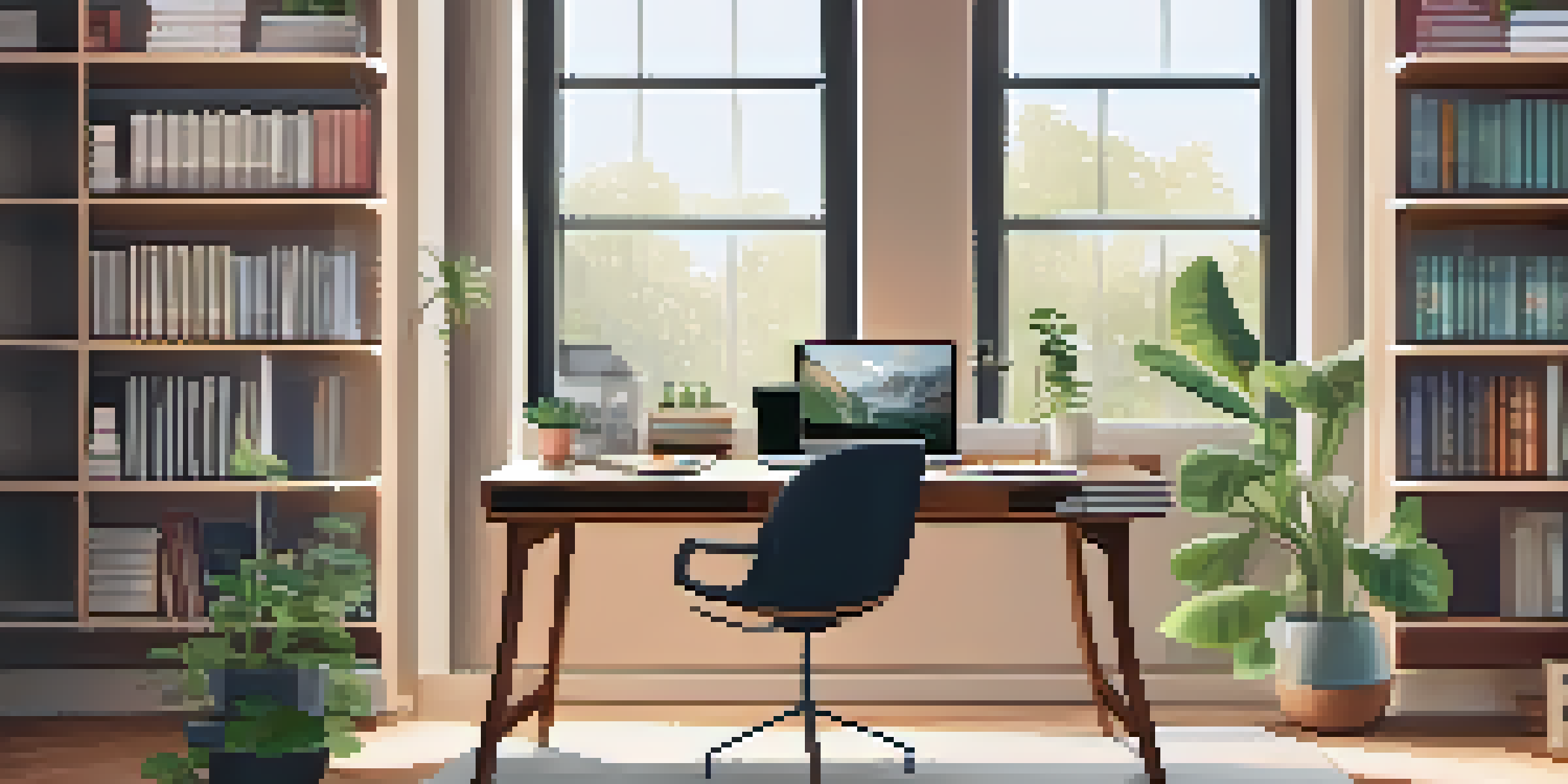 A bright and cozy home office with a wooden desk, laptop, potted plant, and coffee cup, illuminated by natural light.