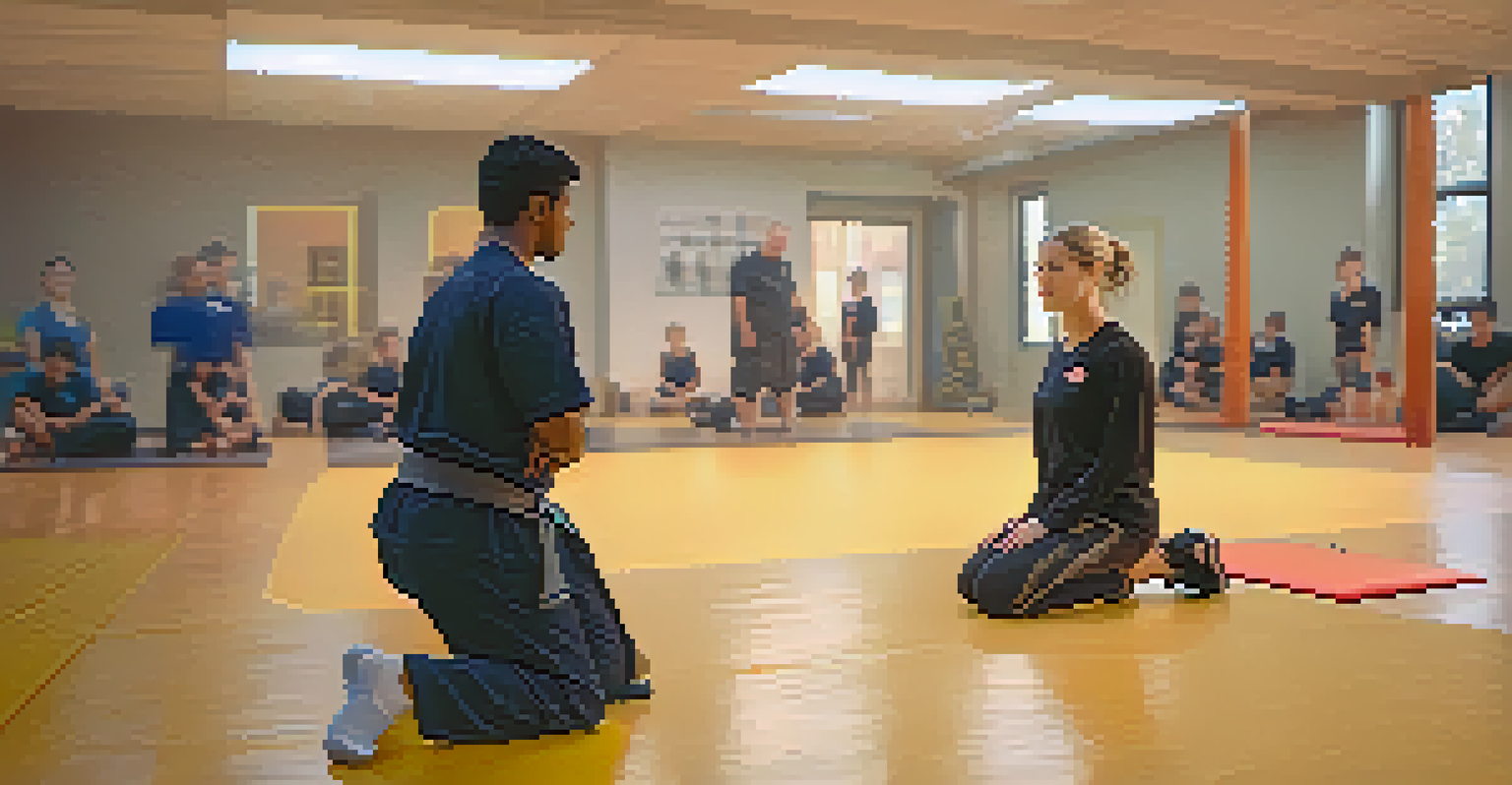 An empathetic instructor kneeling to engage with a student in a self-defense class, creating a supportive atmosphere.