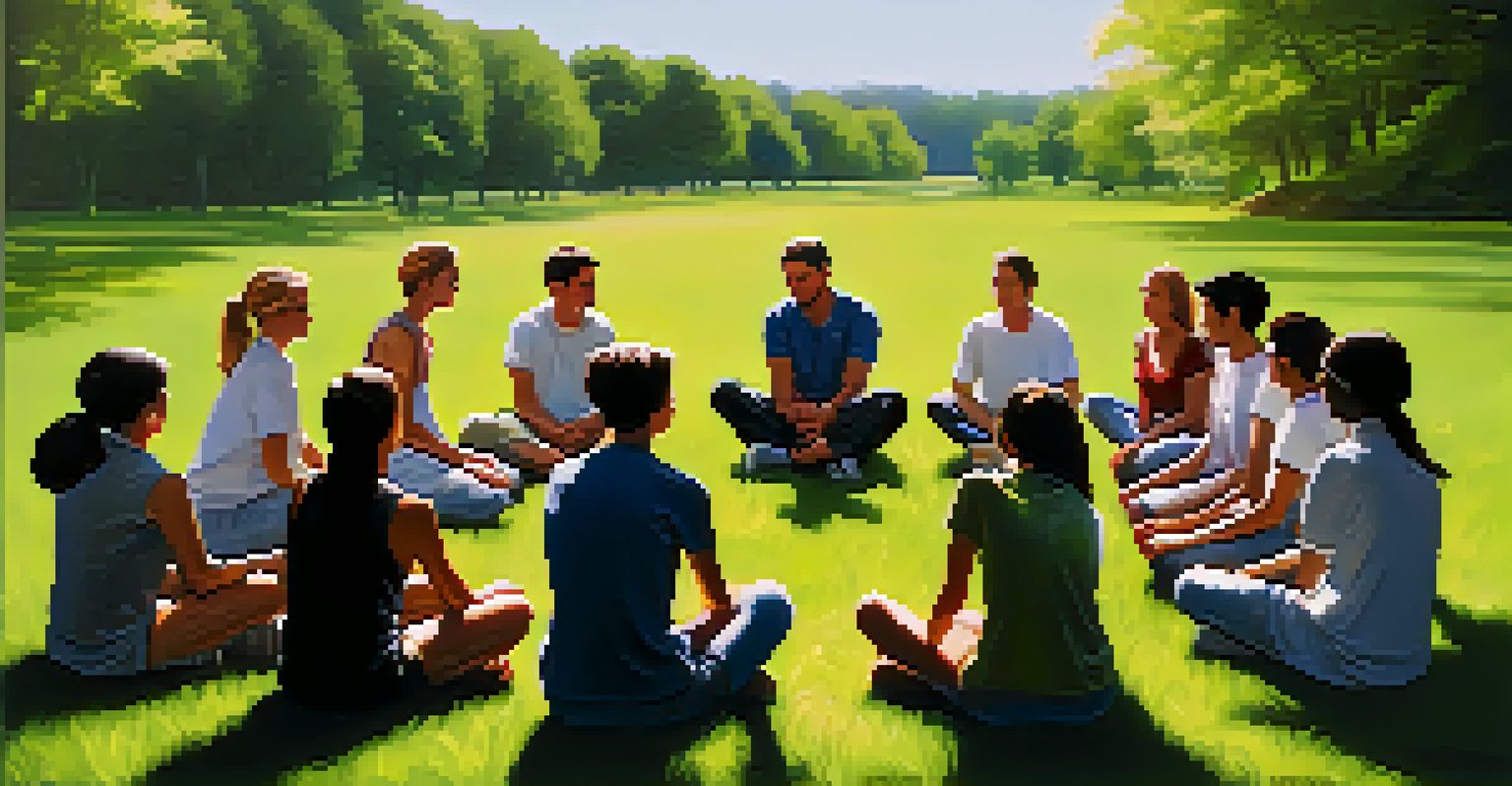 An instructor leading a group discussion on empathy in a peaceful outdoor setting, with participants seated in a circle on grass.