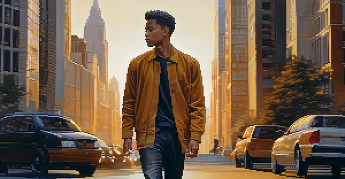 A confident person walking through a city street at sunset, displaying awareness and self-assurance.