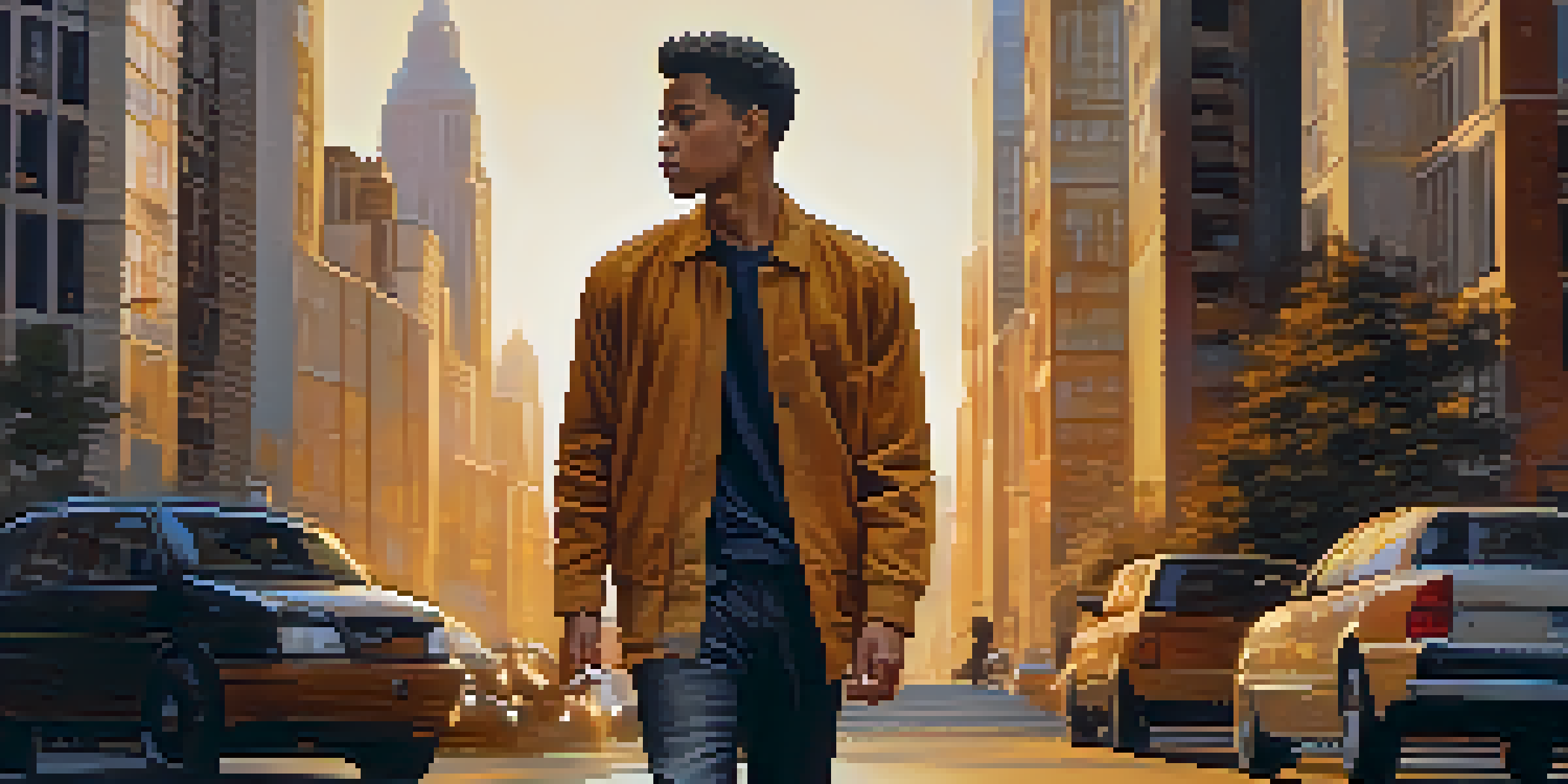 A confident person walking through a city street at sunset, displaying awareness and self-assurance.