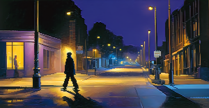 A person walking home at night, with streetlights illuminating the path, while a stranger lurks in the shadows, creating a tense atmosphere.