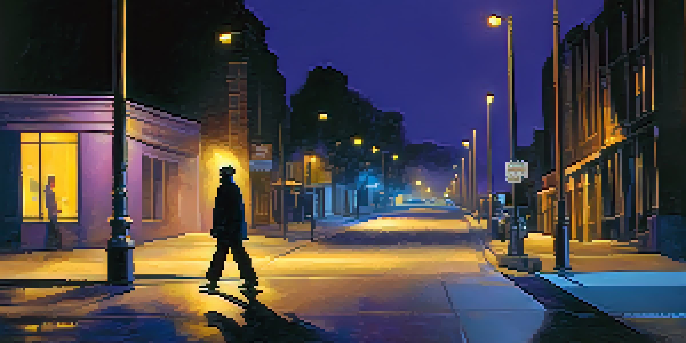 A person walking home at night, with streetlights illuminating the path, while a stranger lurks in the shadows, creating a tense atmosphere.