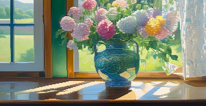 A delicate vase with blooming flowers on a wooden table, illuminated by soft sunlight, highlighting its cracks.