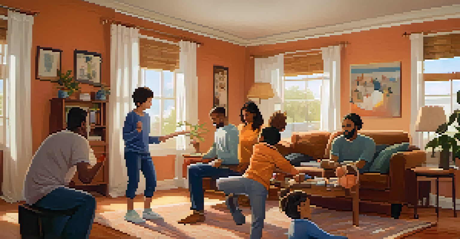 A family practicing self-defense techniques in a cozy living room, smiling and encouraging each other as they learn together.