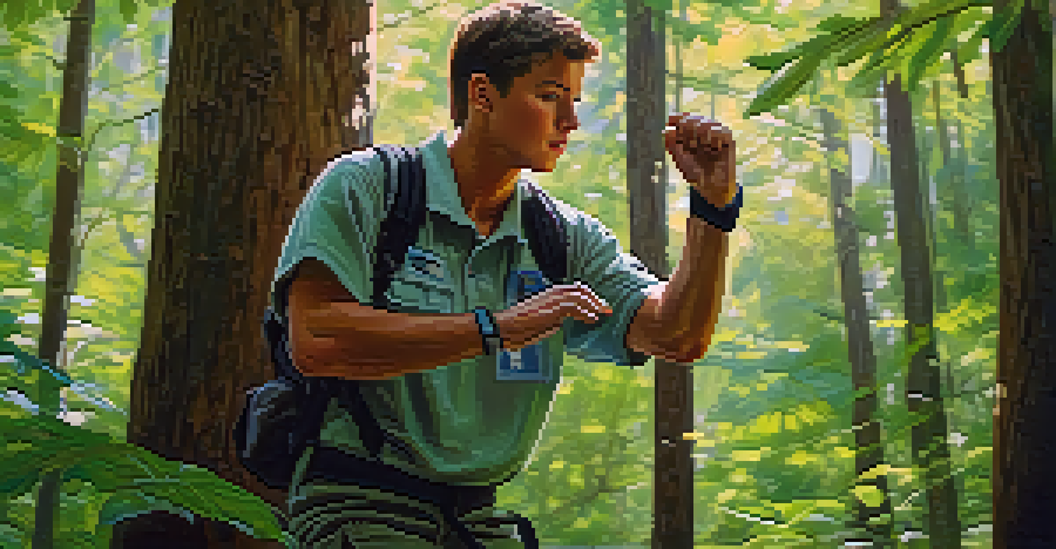 A camper practicing self-defense techniques in the woods, demonstrating a wrist escape maneuver.