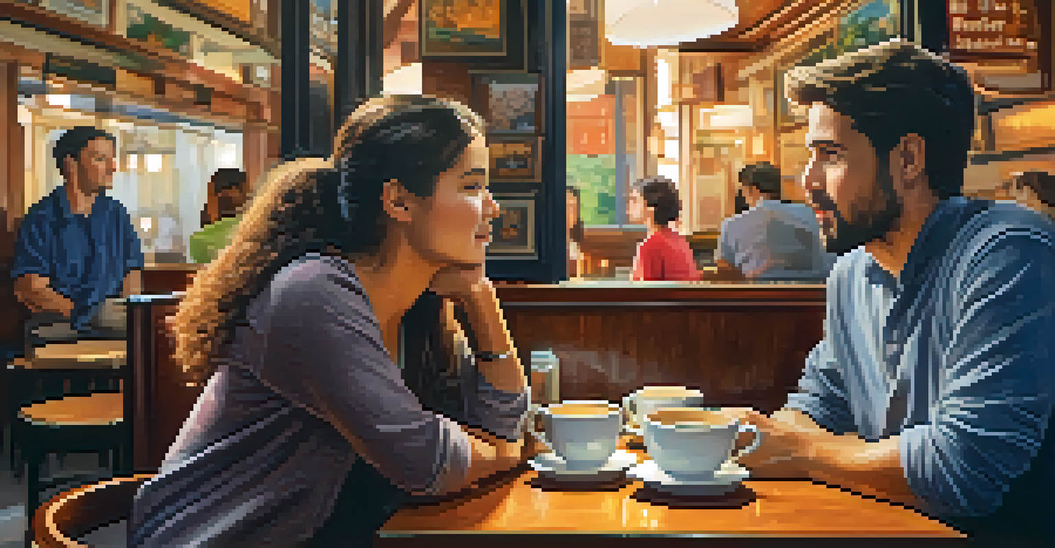 A person listening attentively in a cozy coffee shop, conveying empathy with their body language.
