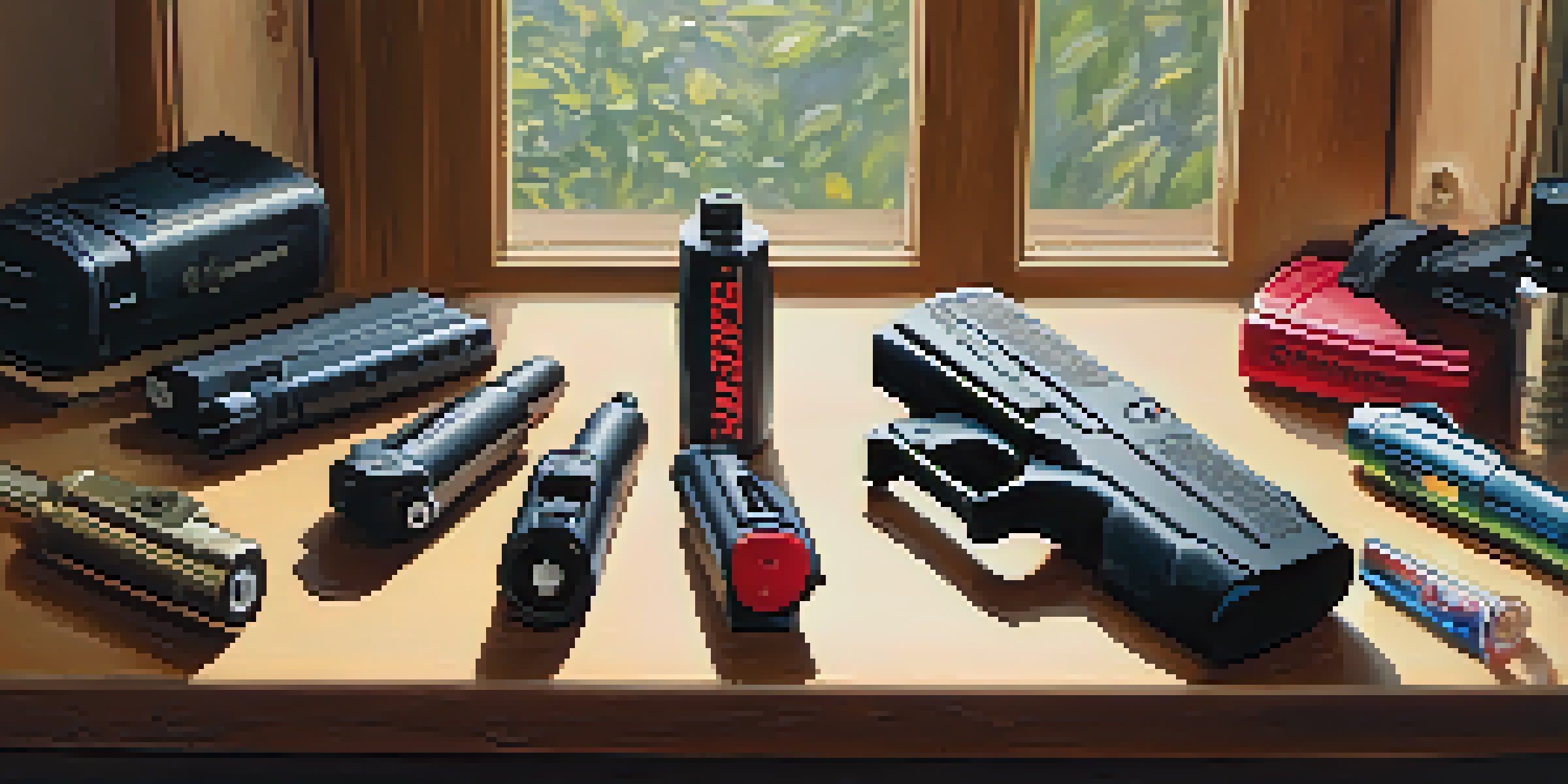 A variety of self-defense weapons displayed on a wooden table, including pepper spray, stun guns, and personal alarms, illuminated by natural light.