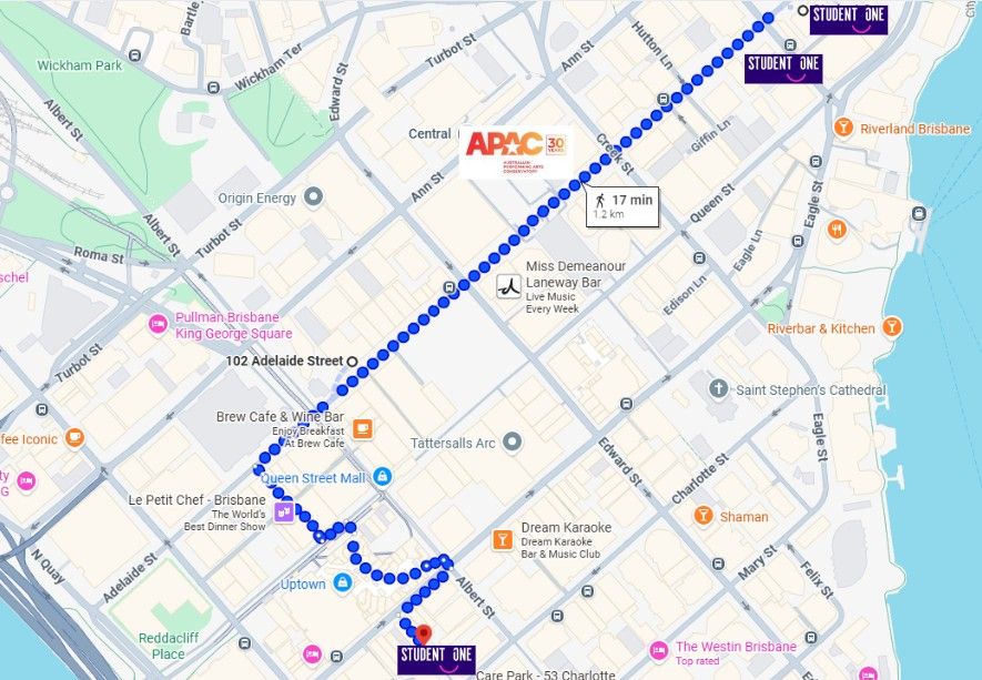 map of Brisbane showing walking distance from Student One to APAC campus