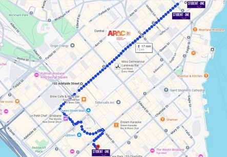 map of Brisbane showing walking distance from Student One to APAC campus