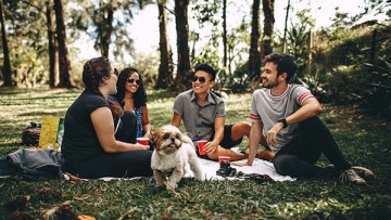 Group of students enjoying a picnic in the park with a dog