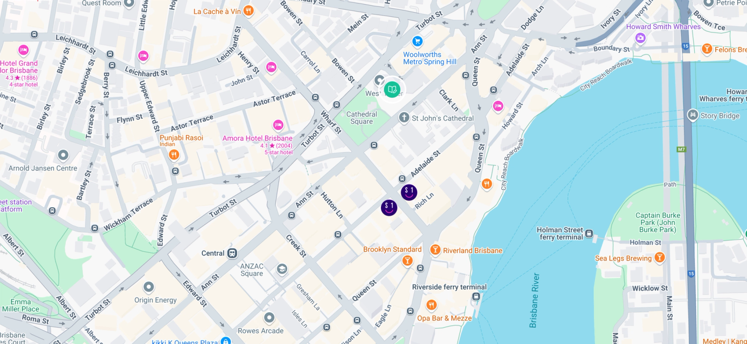 Brisbane map highlighting Student One locations and Navitas
