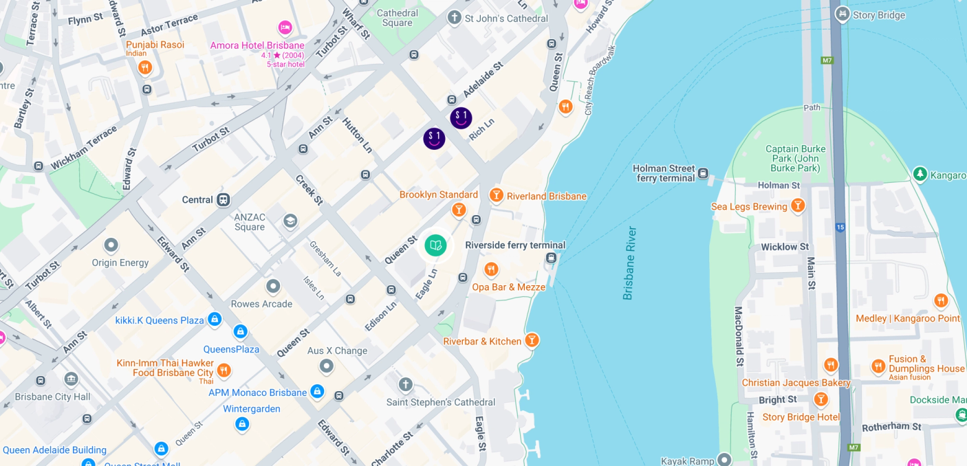 Brisbane map highlighting Student One locations and James Cook University