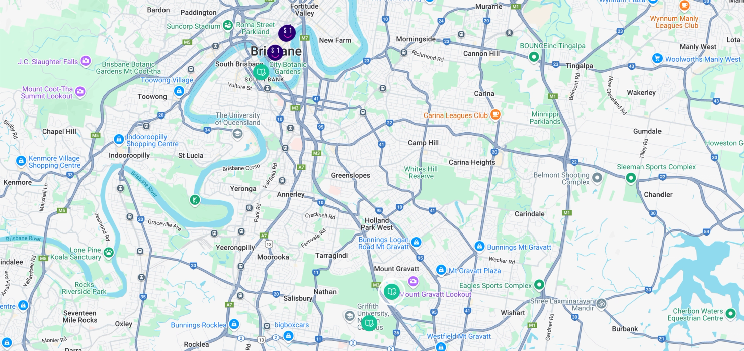 Brisbane map highlighting Student One locations and Griffith University campuses
