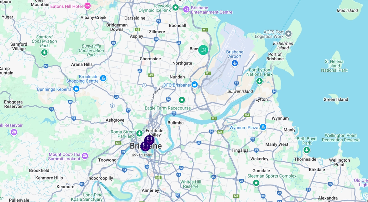 Brisbane map highlighting Student One locations and ACU