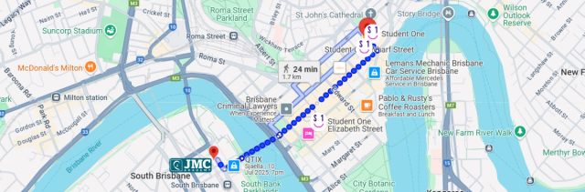 map of Brisbane showing walking distance from Student One to JMC campus