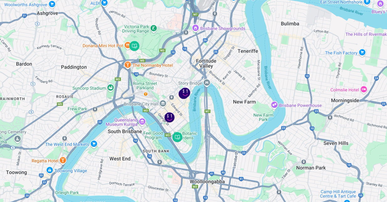 Brisbane map highlighting Student One locations and QUT Campuses