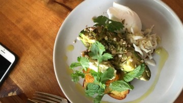 Top down view of a beautiful plate of vegetarian food at a restaurant