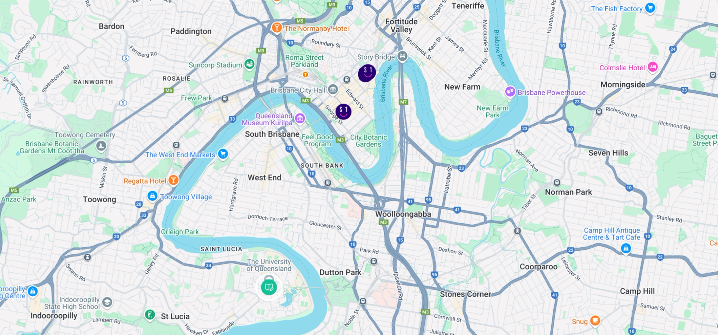 Brisbane map highlighting Student One locations and UQ St Lucia