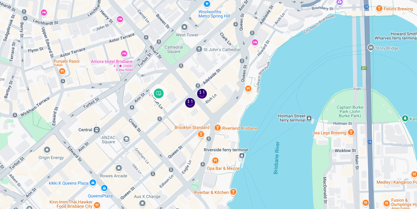 Brisbane map highlighting Student One locations and Griffith College