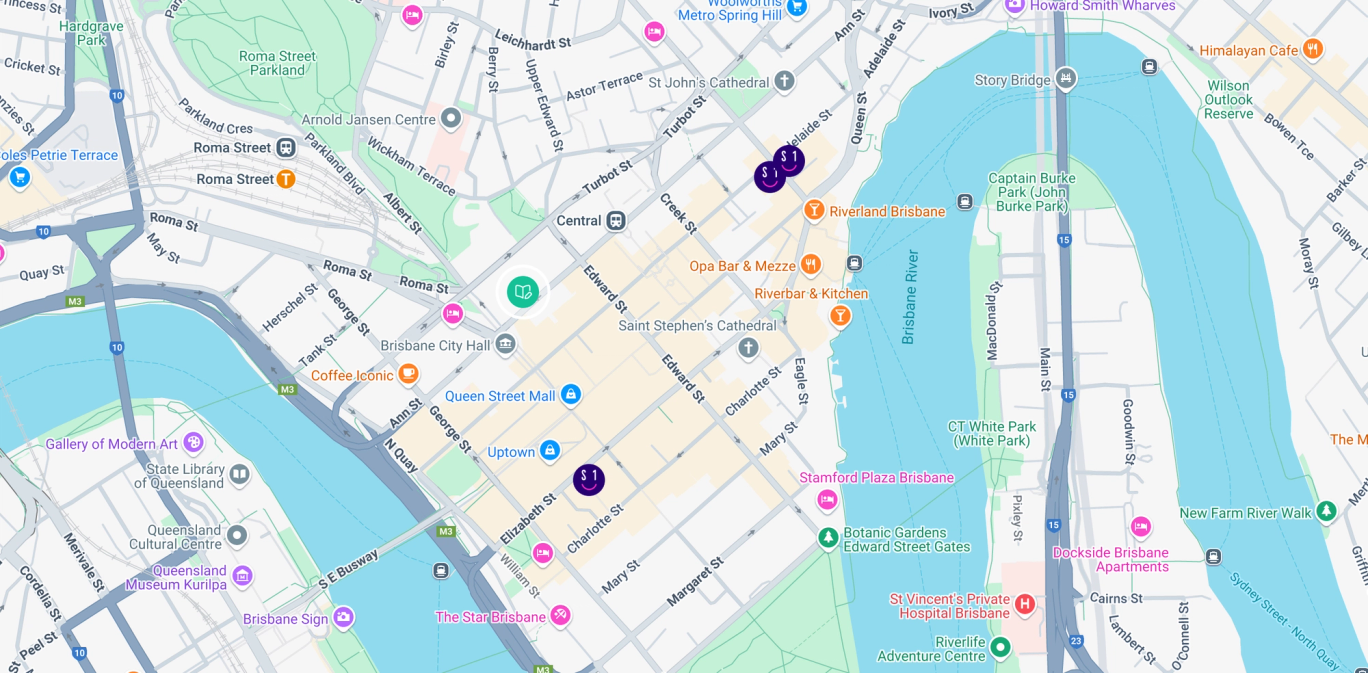 Brisbane map highlighting Student One locations and CQU