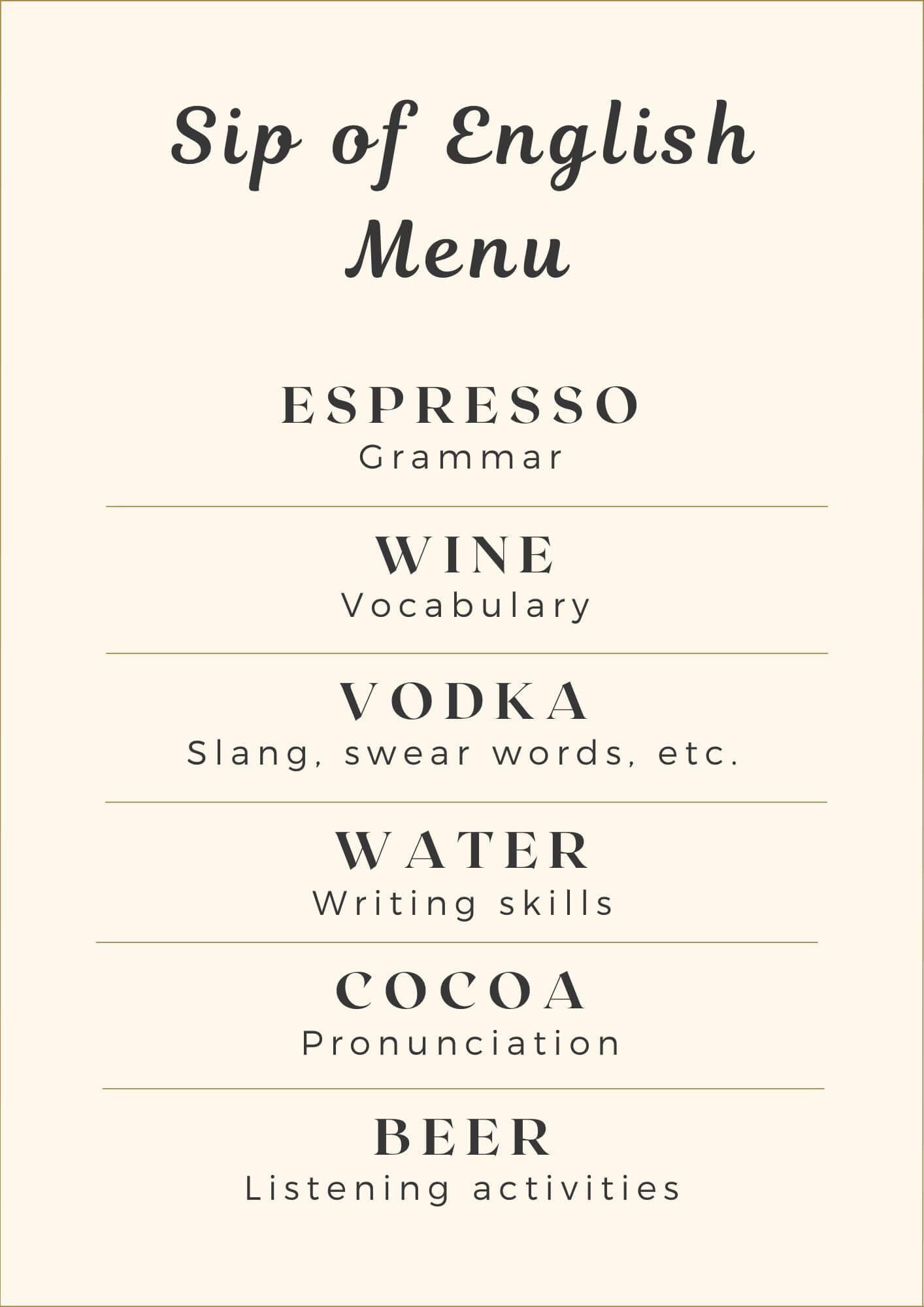 Sip of English menu: Espresso – grammar; Wine – vocabulary; Vodka – slang, swear words, etc.; Water – writing skills; Cocoa – pronunciation; Beer – listening activities