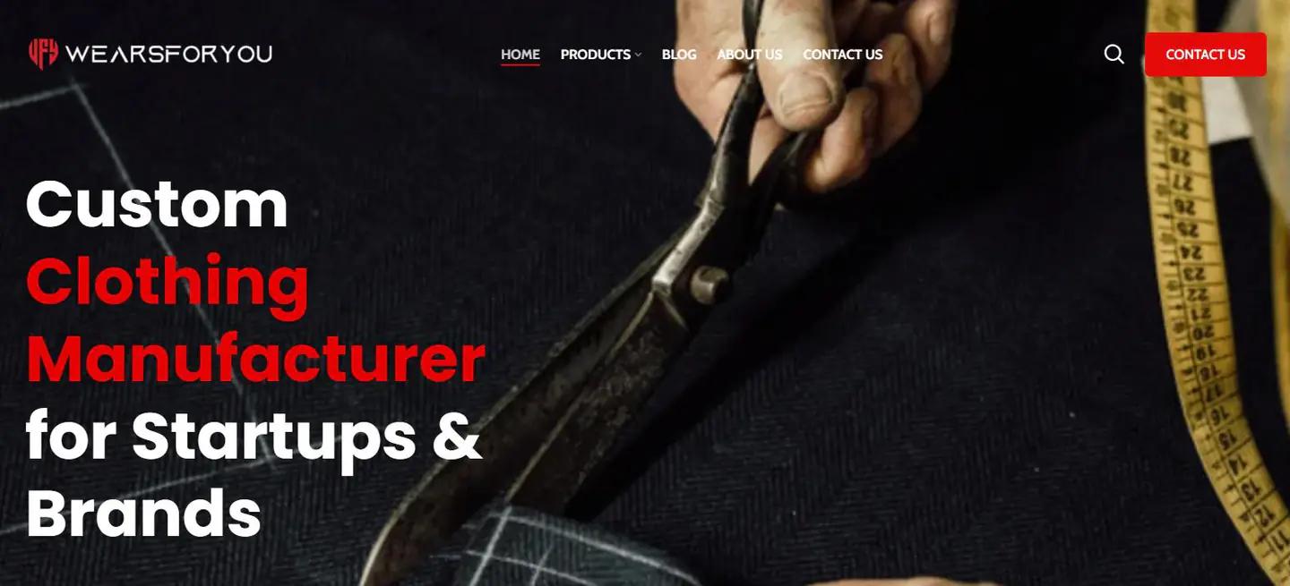 Wears For You custom apparel manufacturer website homepage built by MarkLogix, with a structured B2B product catalogue