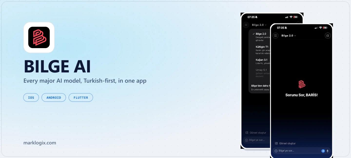 Bilge AI, a Turkish-first AI assistant app built in FlutterFlow, showing the app icon and two in-app screens