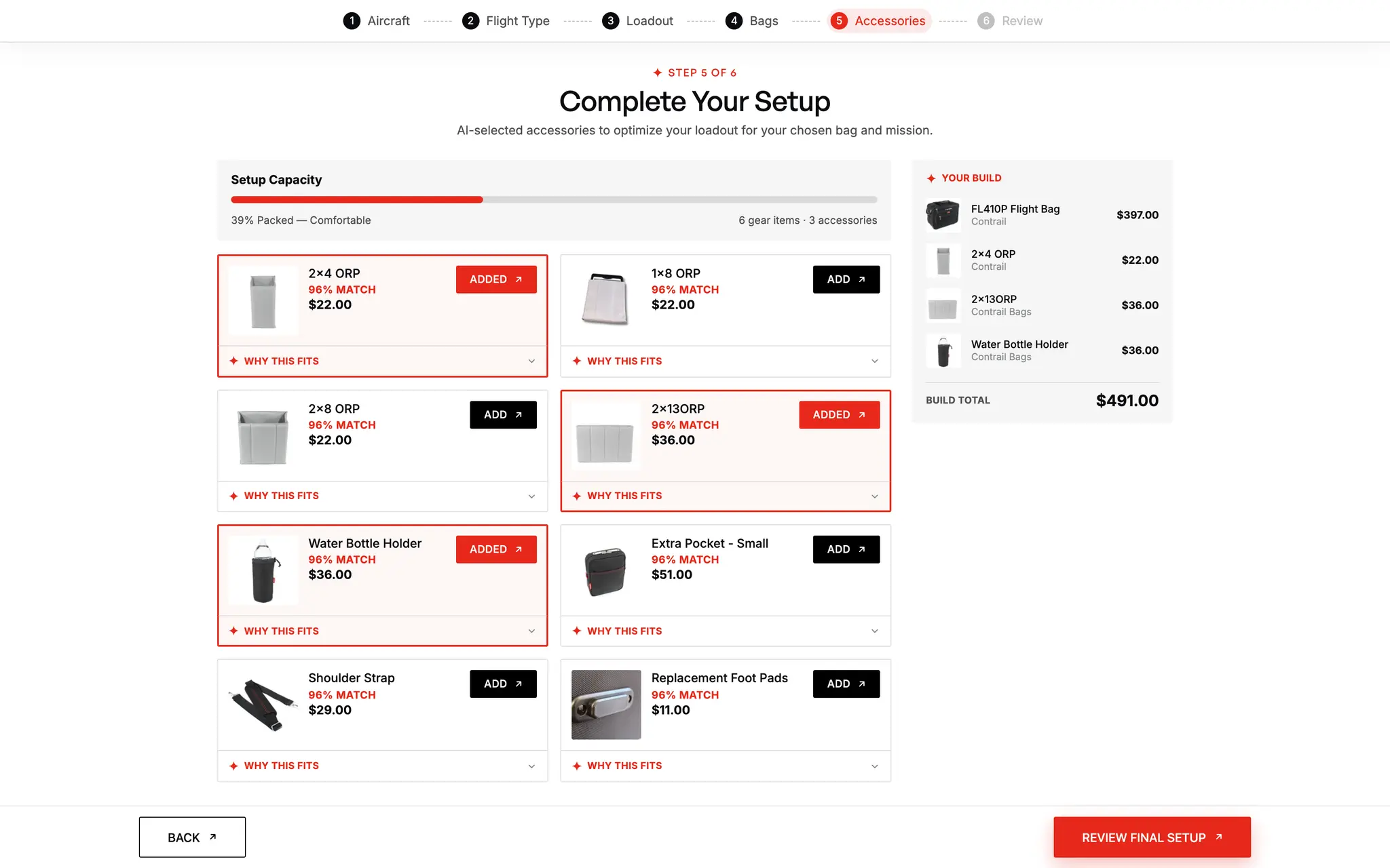 Step 5 of the configurator, "Complete Your Setup": compatible accessories with match scores, a Setup Capacity meter and a running build total.