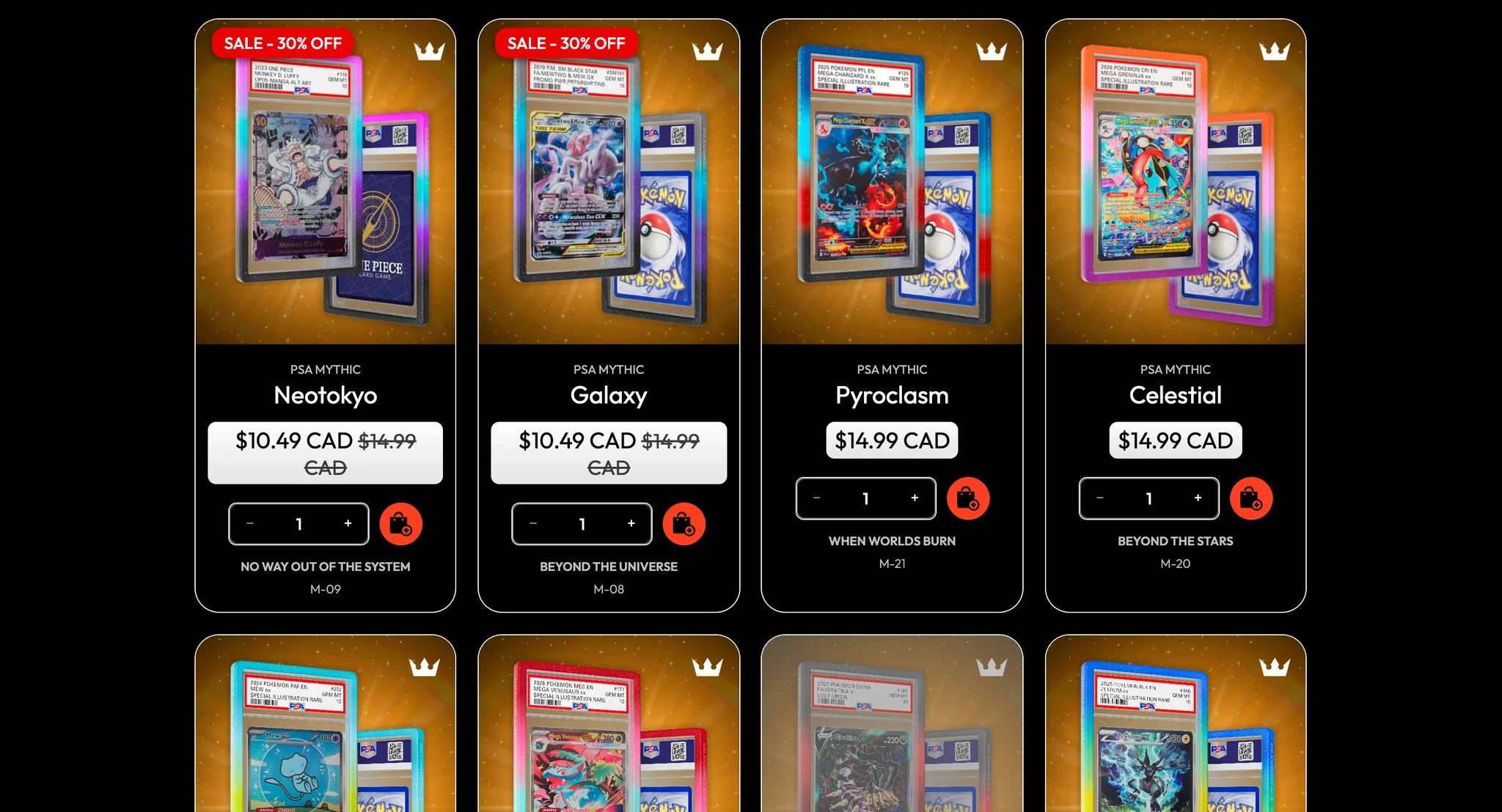 Mythic rows of the Guards collection: Neotokyo on a One Piece slab, then Galaxy, Pyroclasm and Celestial cards on orange starfields with taglines such as When Worlds Burn and Beyond the Stars, and a greyed sold-out card in the row below