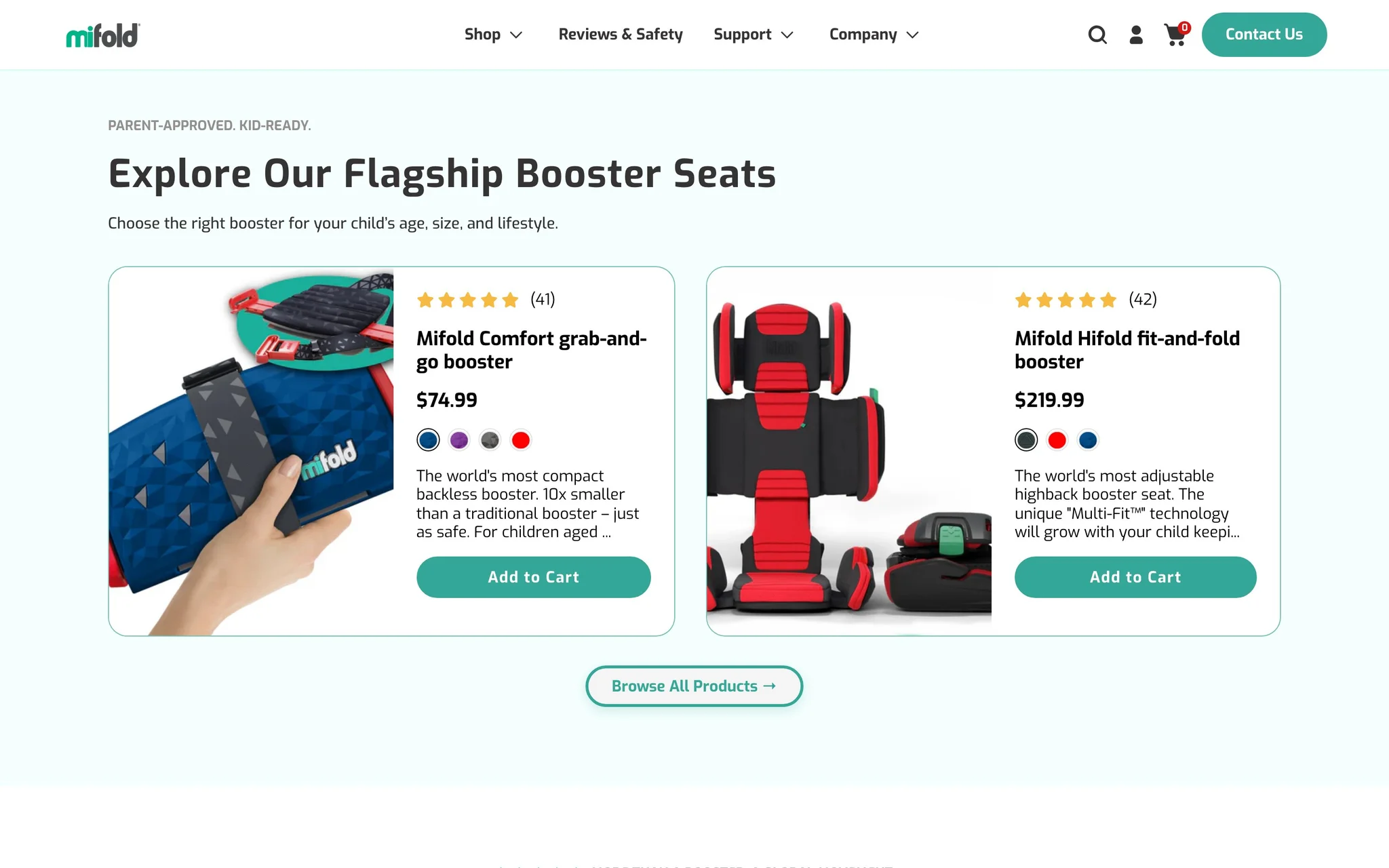 Mifold flagship booster seats section with product cards for the Comfort and Hifold boosters, colour swatches, ratings and Add to Cart buttons.