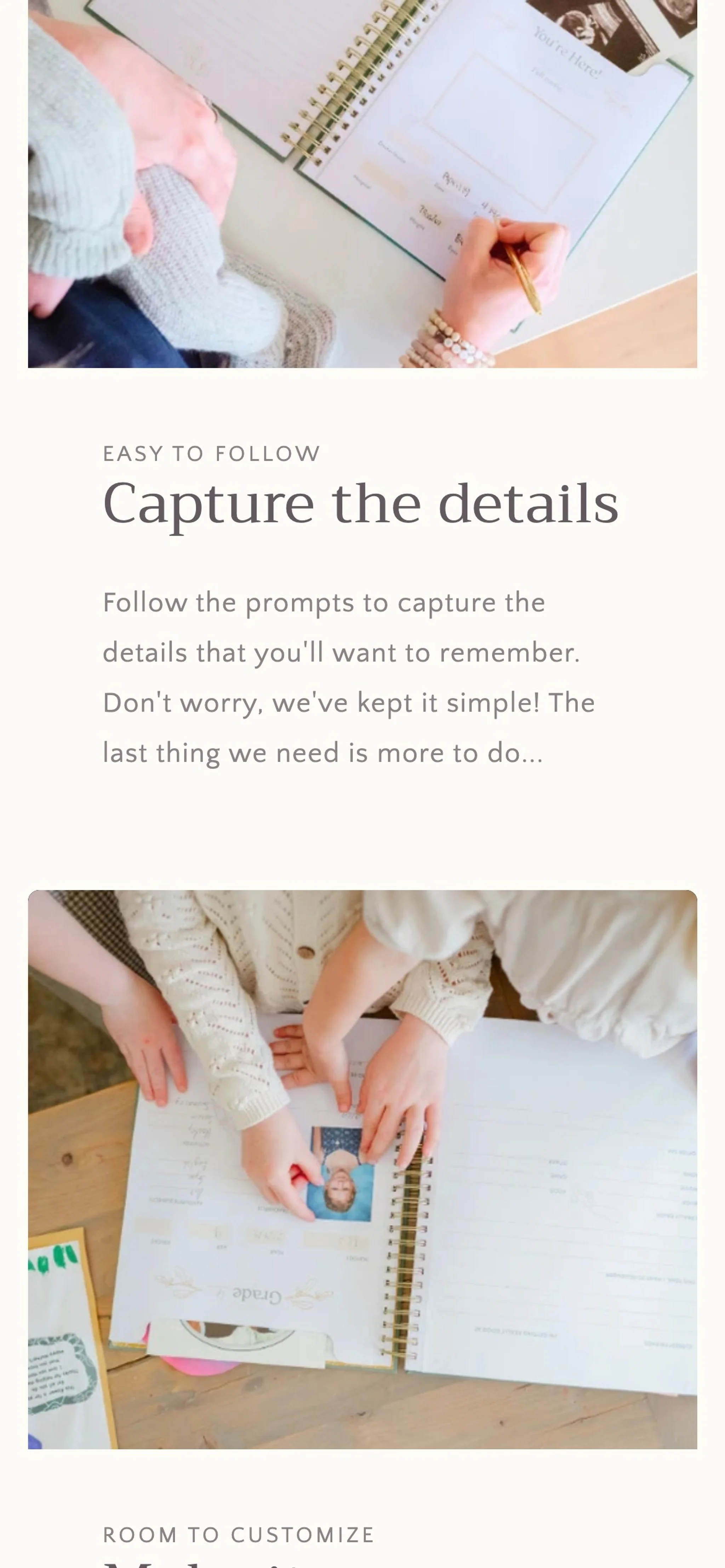 Mavie Memories mobile view of the 'Capture the details' section and a School Book photo page.