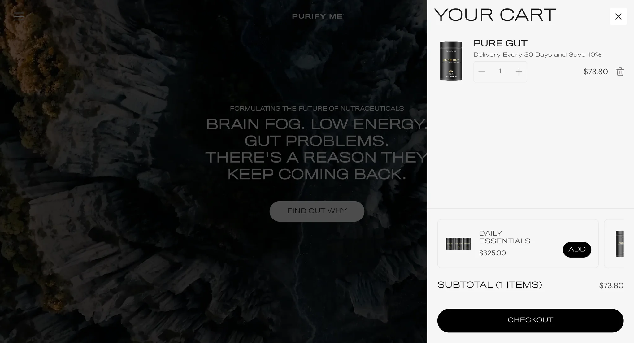 Slide cart open over the homepage with Pure Gut on a 30 day subscription and Daily Essentials suggested below
