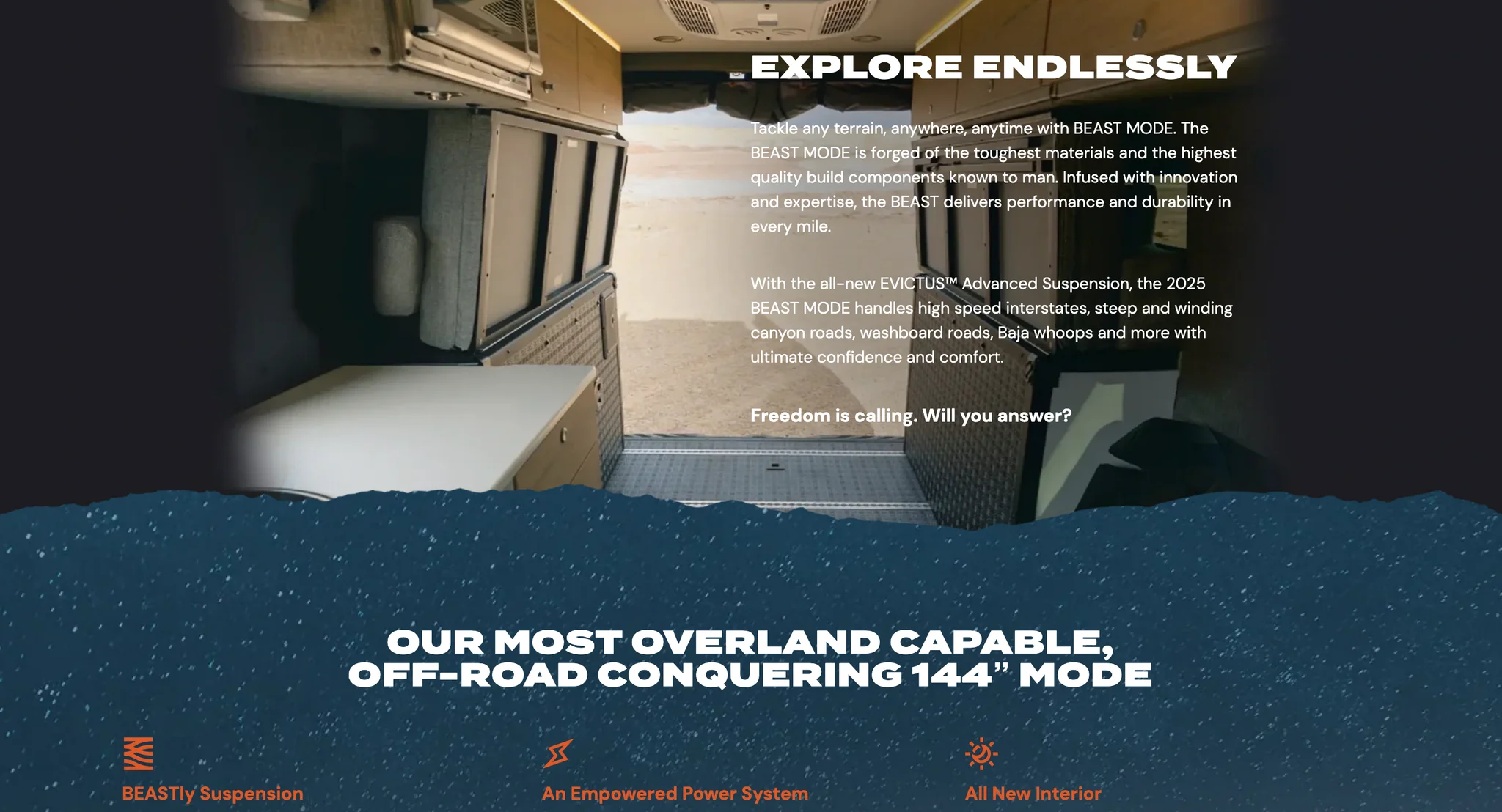 Beast MODE OG Explore Endlessly section with an interior photo and copy about the EVICTUS suspension