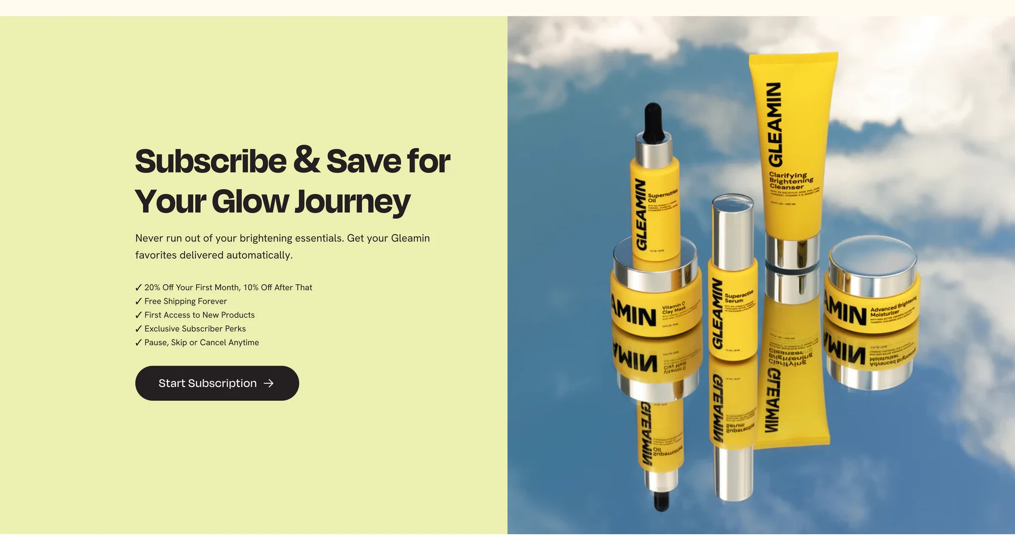 "Subscribe & Save for Your Glow Journey" band listing subscriber perks next to Gleamin bottles and jars floating against a blue sky