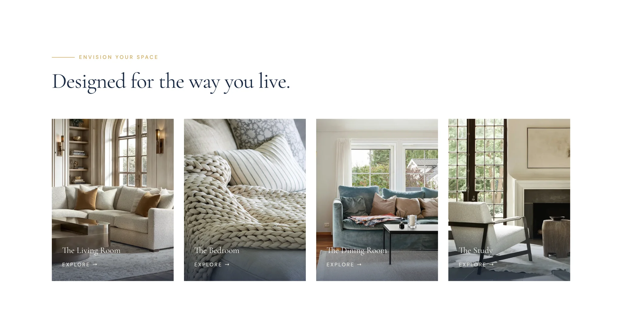 EVDEV's new homepage section design "Designed for the way you live.", with four room photo cards for the living room, bedroom, dining room and study, each with an Explore link
